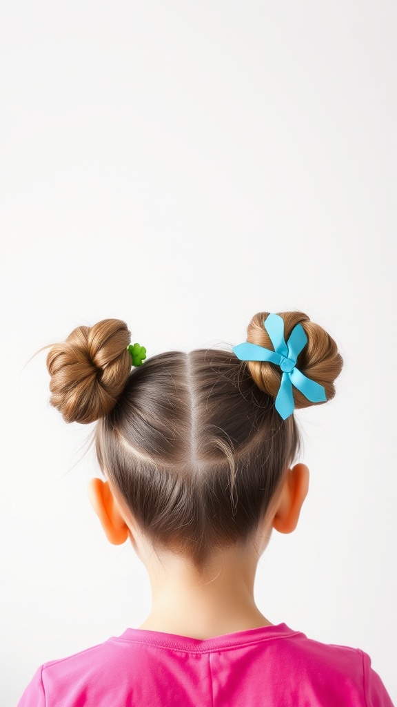 A child with two colorful double buns hairstyle, featuring blue and green ribbons.