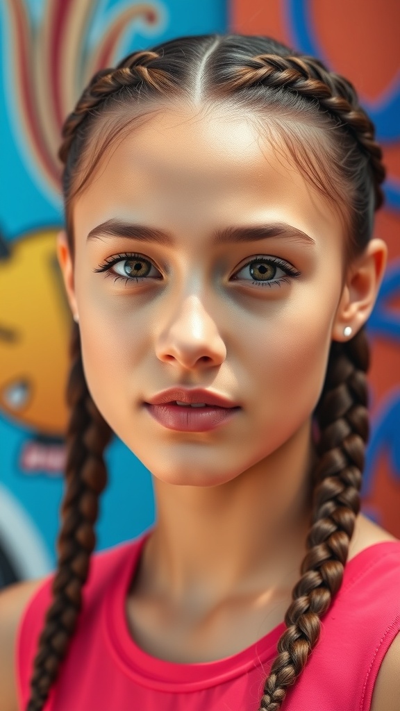 A young woman with double Dutch braids, showcasing a trendy hairstyle against a colorful background.