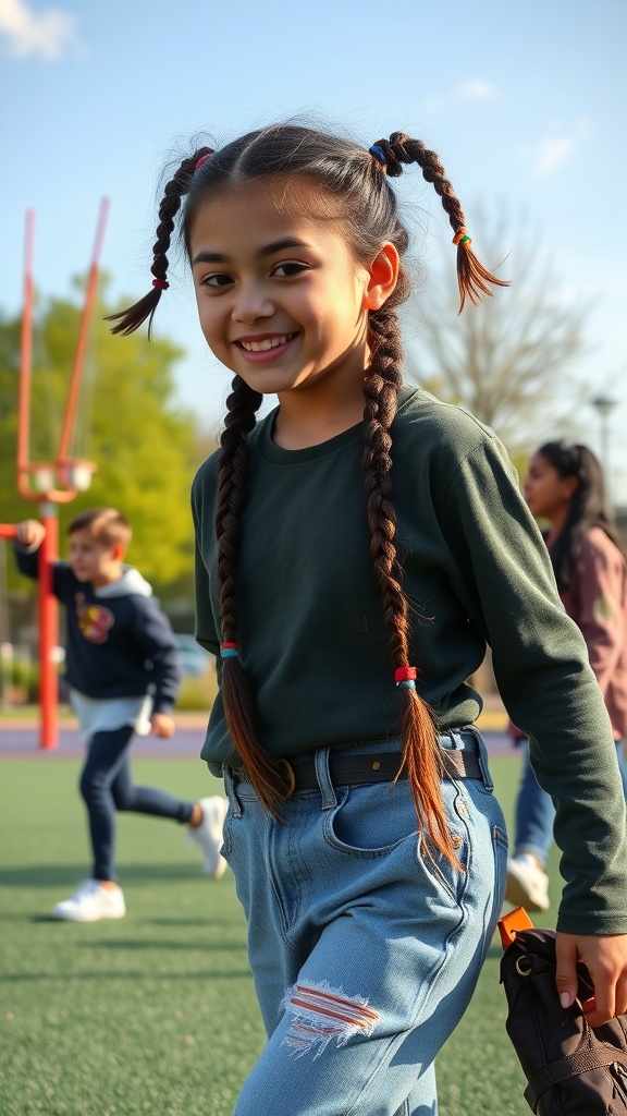 A girl with double Dutch braids smiling on a playground