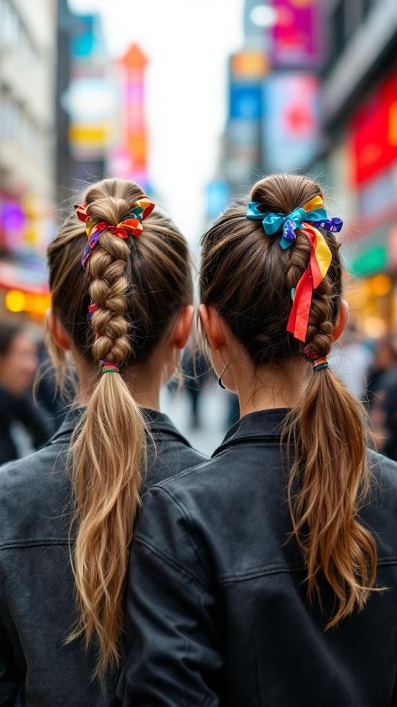 Two individuals with double ponytails, each featuring colorful ribbons, standing in a vibrant urban setting.