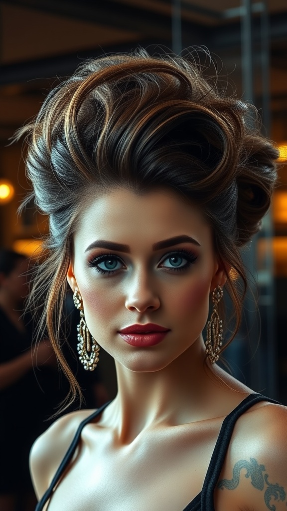 A woman with dramatic voluminous hair styled with teased roots, wearing elegant earrings.