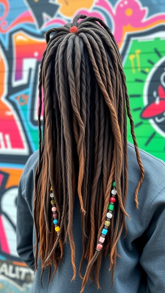 Person with long dreadlocks decorated with colorful beads, standing in front of a vibrant graffiti wall.