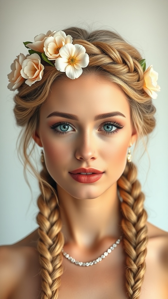 A woman with a Dutch braid crown hairstyle adorned with flowers.