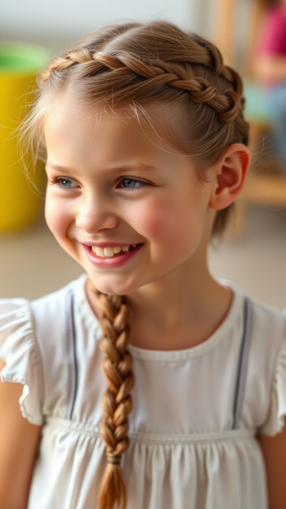 A young girl smiling with a Dutch braid hairstyle, showcasing a playful and neat look.