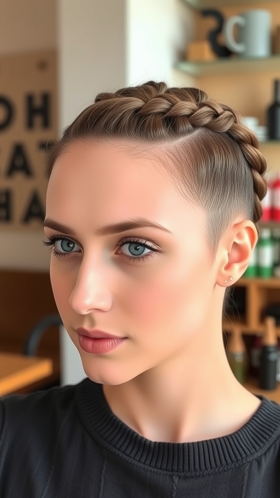 A close-up of a woman with a Dutch braid hairstyle on short hair, showcasing a neat and stylish look.