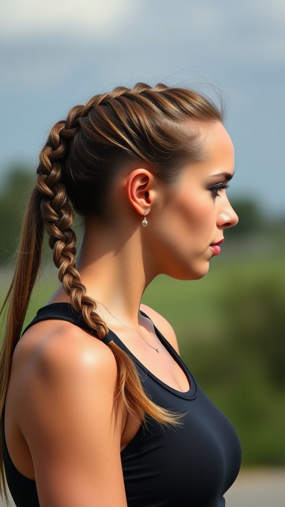 A woman with a Dutch braid ponytail, showcasing a stylish hairstyle.