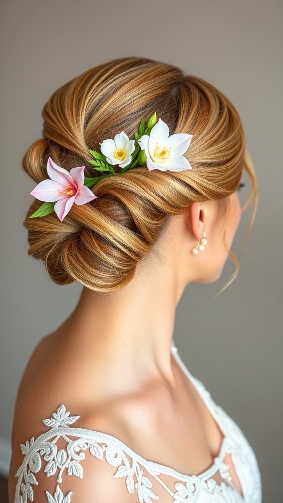 A woman with a Dutch braid updo adorned with flowers.