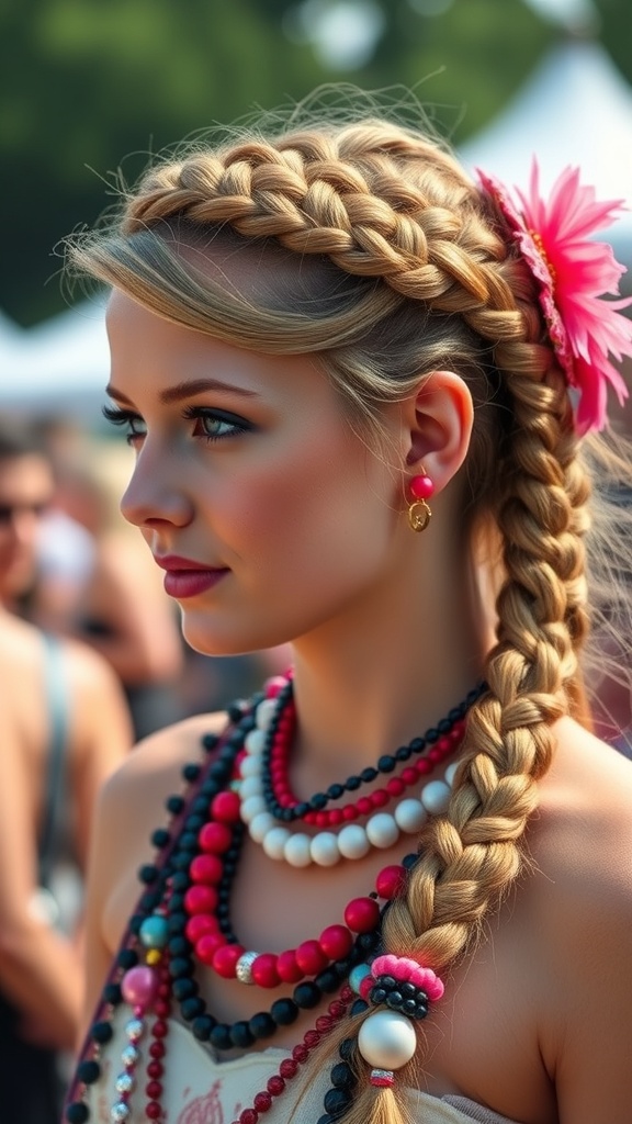A woman with a Dutch braid hairstyle decorated with colorful beads and accessories.