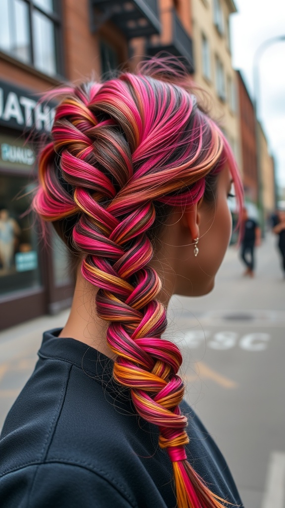 A close-up of a Dutch braid hairstyle featuring vibrant pink and orange highlights.