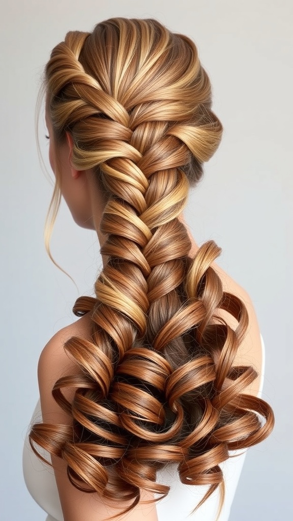 A beautiful Dutch braid hairstyle with cascading curls.