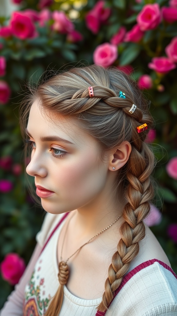 A young woman with a Dutch braid hairstyle decorated with colorful hair clips, surrounded by pink flowers.