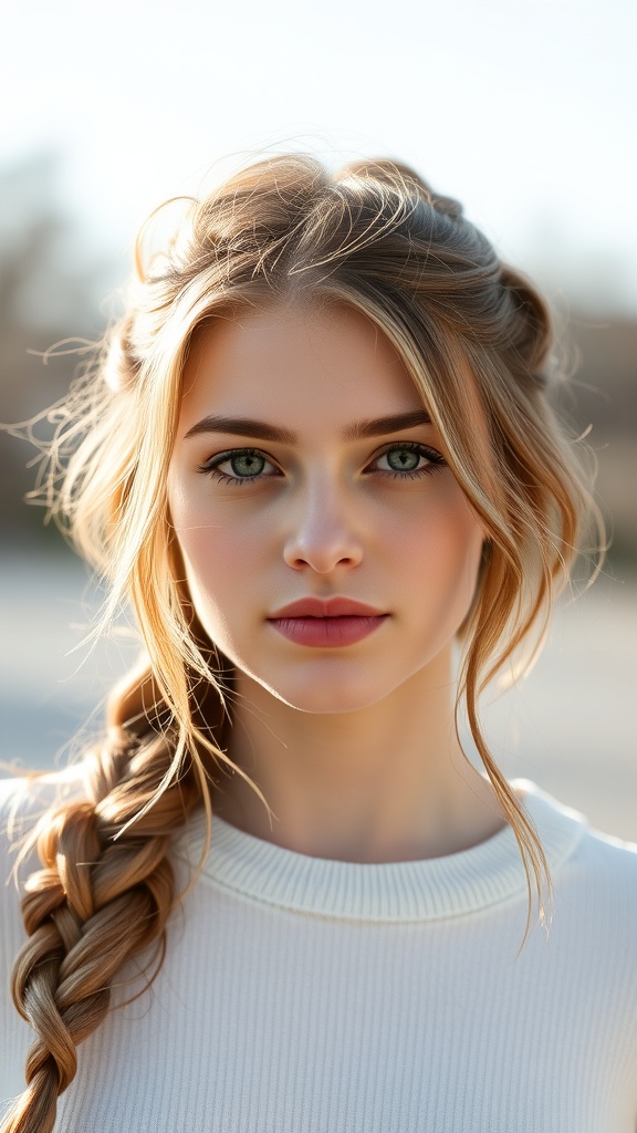 A young woman with a Dutch braid hairstyle featuring loose strands framing her face.