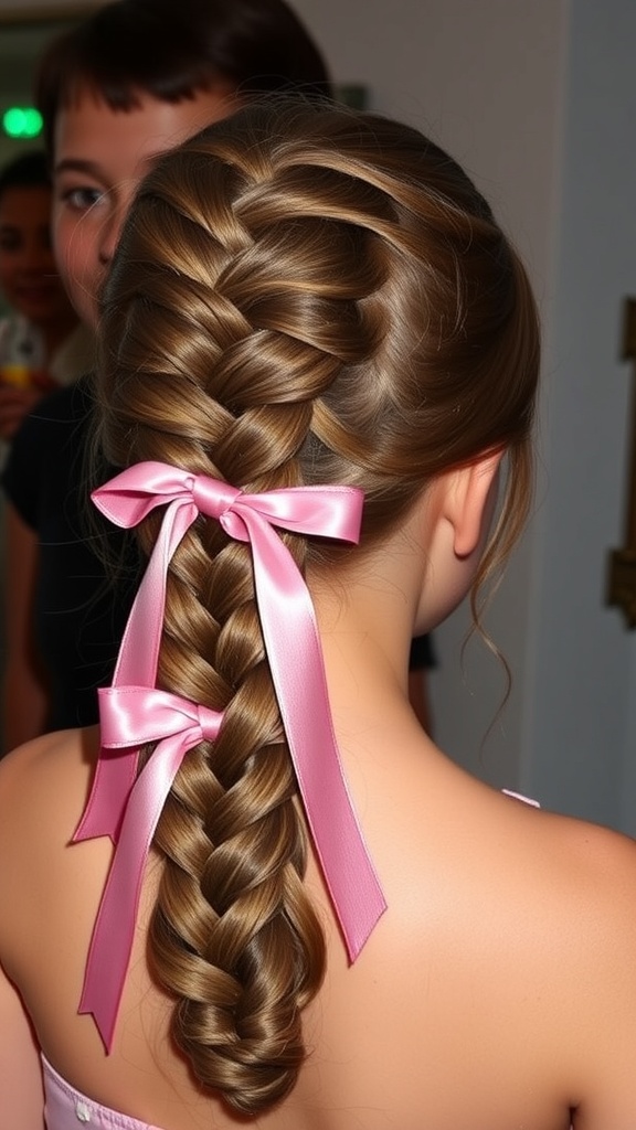 A close-up of a Dutch braid hairstyle with pink ribbons tied at the end.