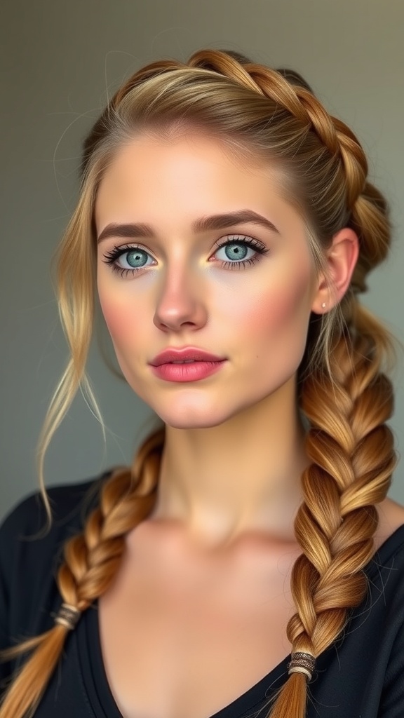 A woman with a Dutch braid and side-swept bangs, showcasing a stylish hairstyle.
