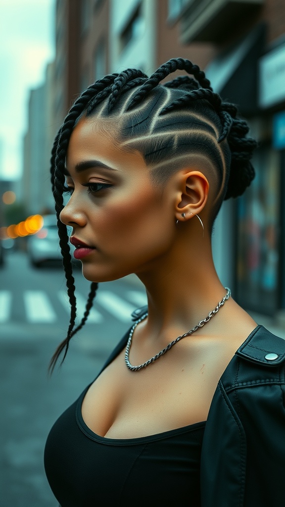 A stylish individual with baby braids and shaved sides, showcasing an edgy hairstyle.