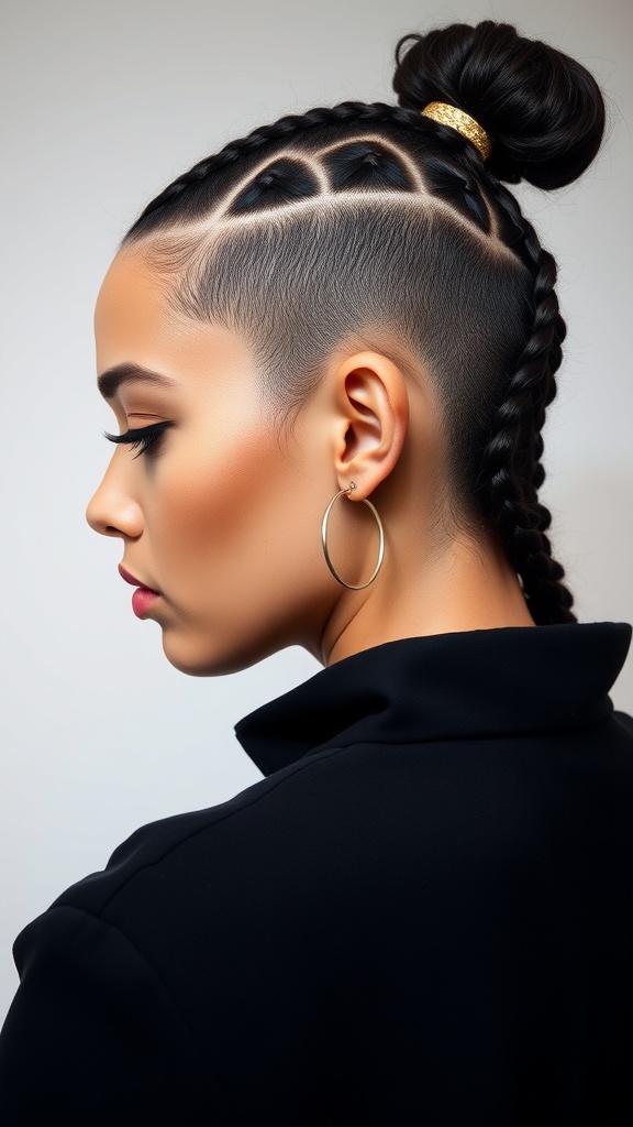 Edgy braided undercut hairstyle featuring intricate braids and a sleek bun.