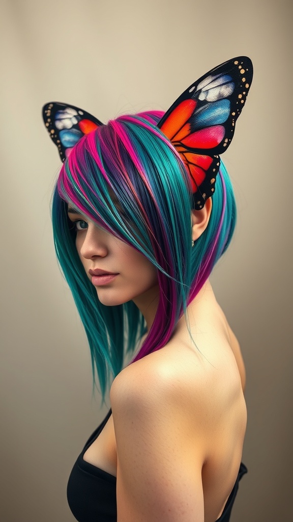 A model showcasing an edgy butterfly haircut with asymmetrical layers, featuring vibrant teal and pink colors.