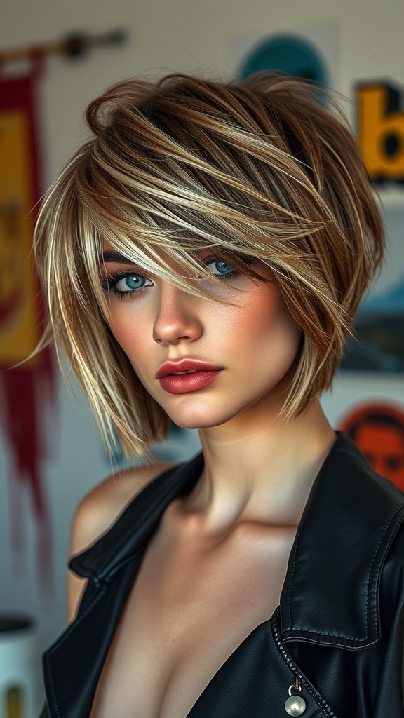 Model with an edgy shag hairstyle, featuring choppy layers and bold highlights, wearing a leather jacket.