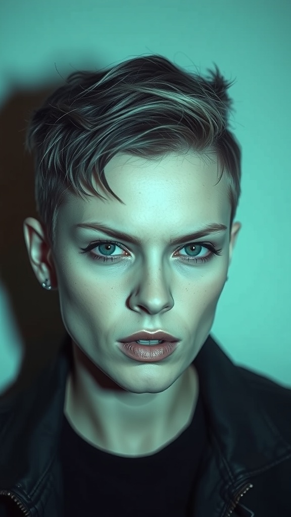 A person with an edgy textured crop hairstyle, featuring short sides and longer, tousled layers on top.