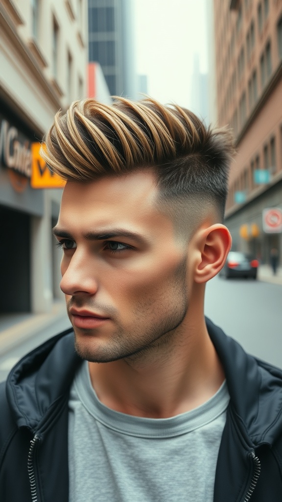 A stylish man with a wolf cut hairstyle, featuring edgy textured layers and a faded side, standing in an urban setting.