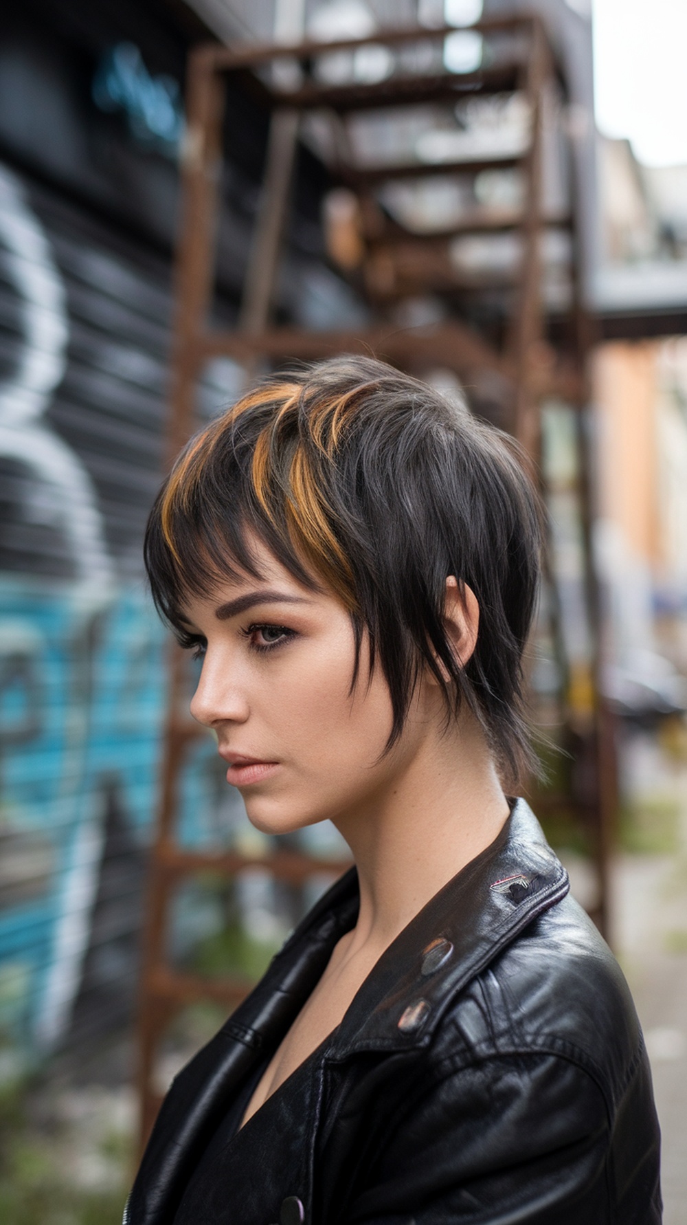 A woman with an edgy textured pixie haircut, wearing a leather jacket, with highlights in her hair.