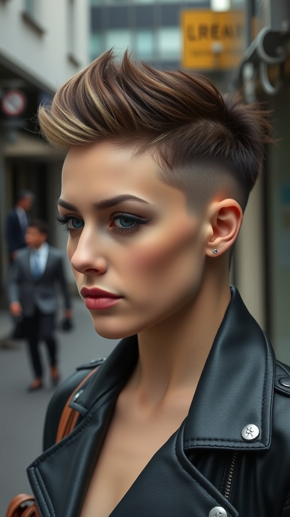 A stylish individual with an edgy undercut hairstyle, featuring short sides and longer hair on top, set against an urban backdrop.