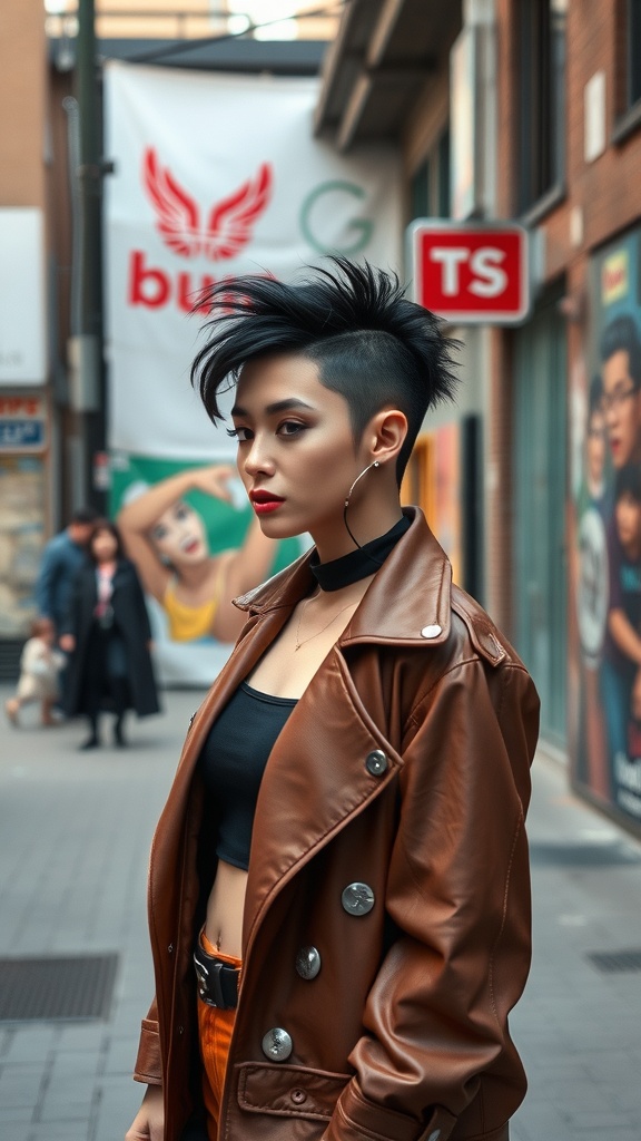 A person with an edgy undercut hairstyle, featuring short sides and longer hair styled upwards, wearing a brown leather jacket.