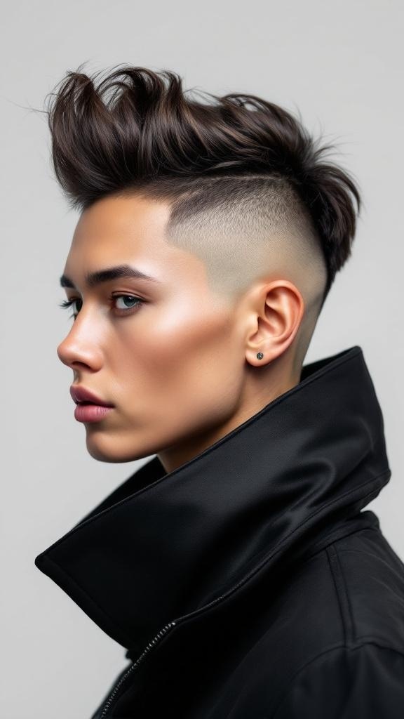 A model with an edgy undercut hairstyle, featuring shaved sides and voluminous ear-length hair on top, wearing a black jacket.