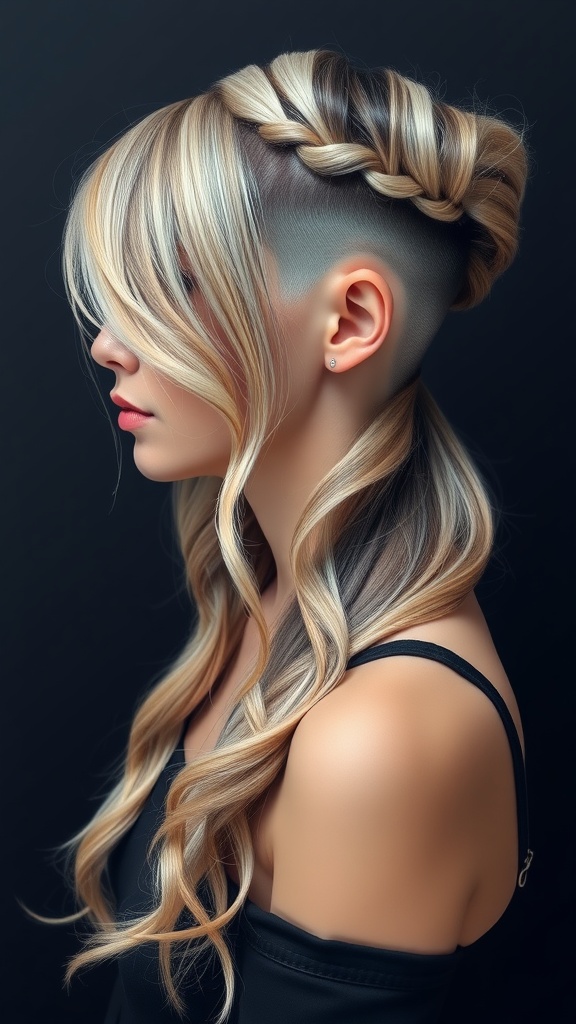 A woman with an edgy undercut hairstyle featuring long waves and a braid on top.