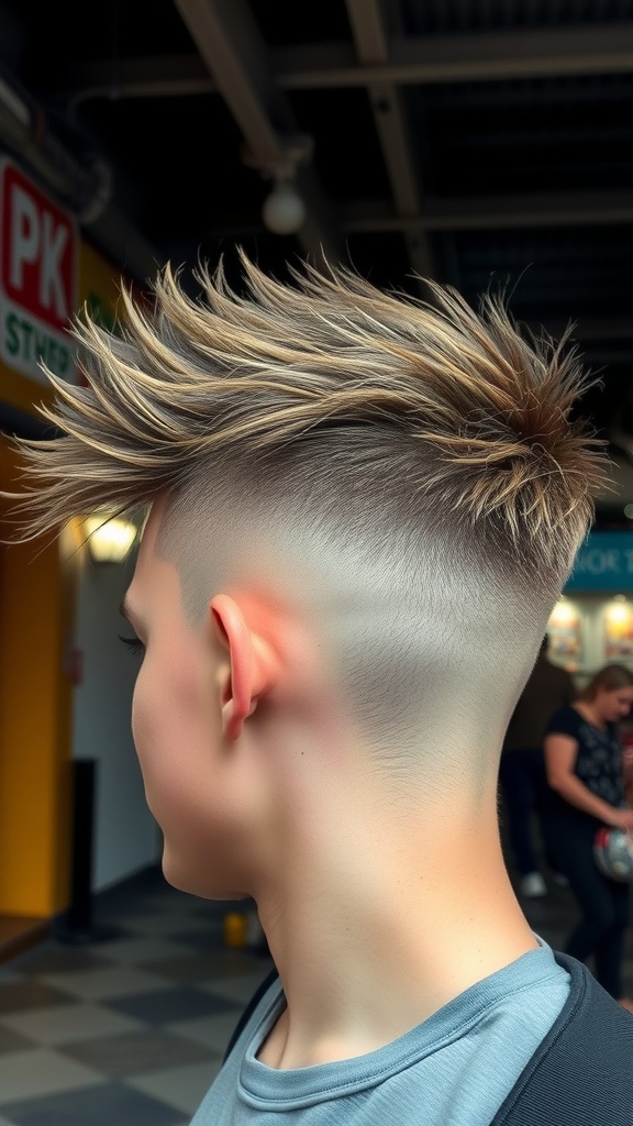 A young person with a stylish edgy undercut and shaggy top hairstyle, showcasing a modern and bold look.