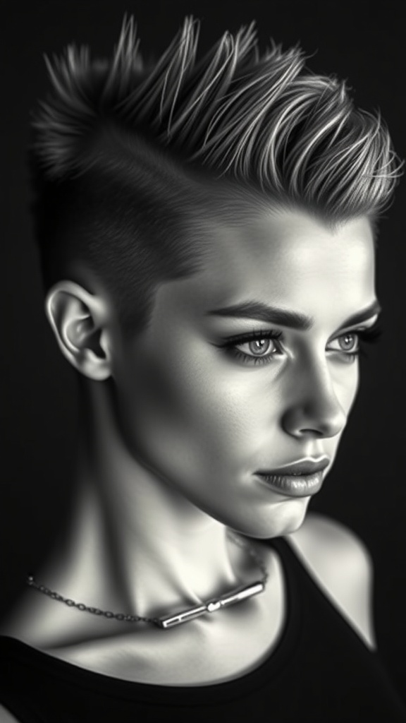 A person with an edgy wolf cut hairstyle featuring shaved sides, styled upwards.
