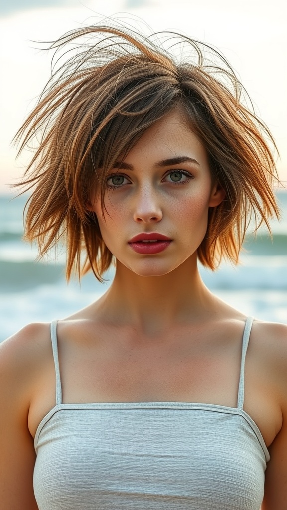 A model with short shaggy hair styled in effortless beach waves, standing by the ocean.