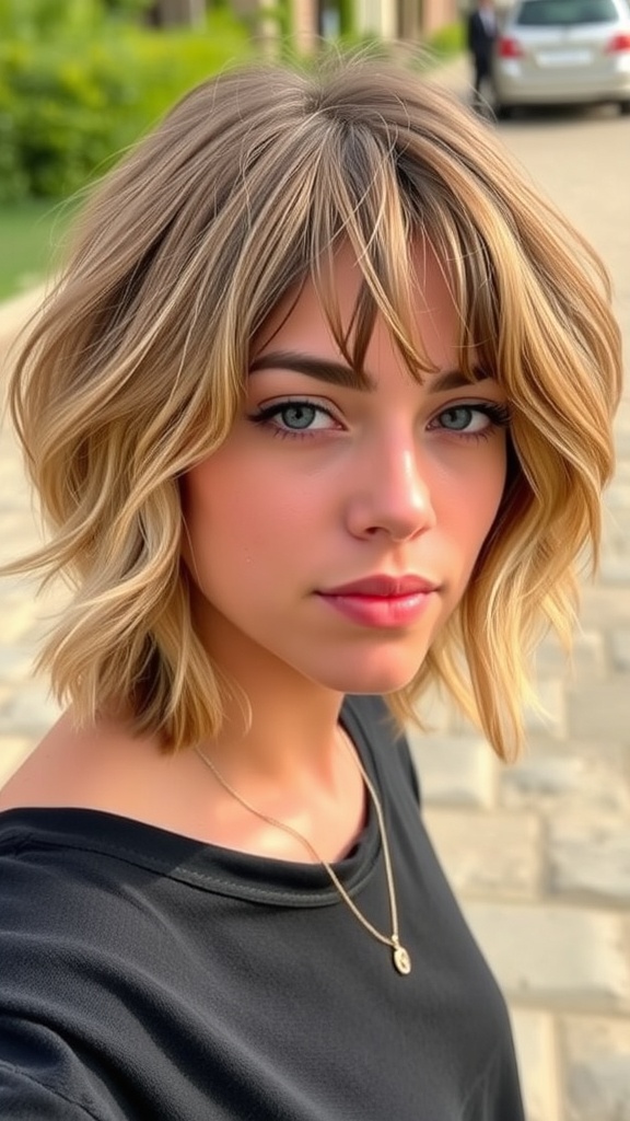A young woman with a short shag hairstyle and bangs, showcasing beachy waves.