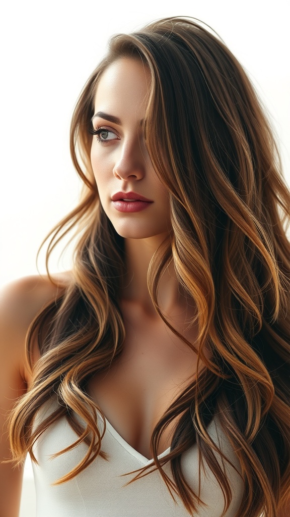 A woman with long, loose waves in her hair, showcasing a relaxed yet polished hairstyle.