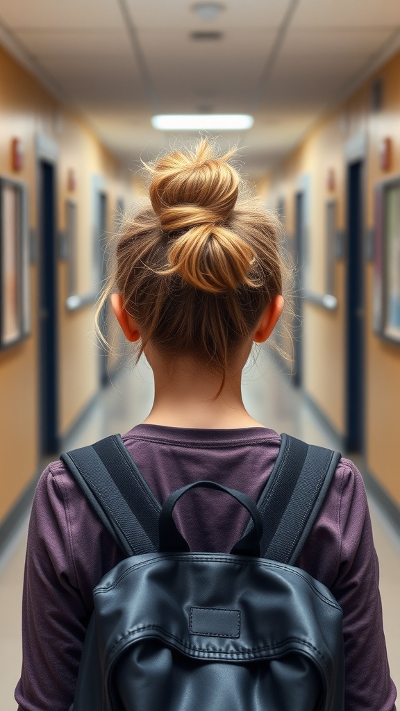 A student with a messy bun and a backpack, standing in a school hallway.