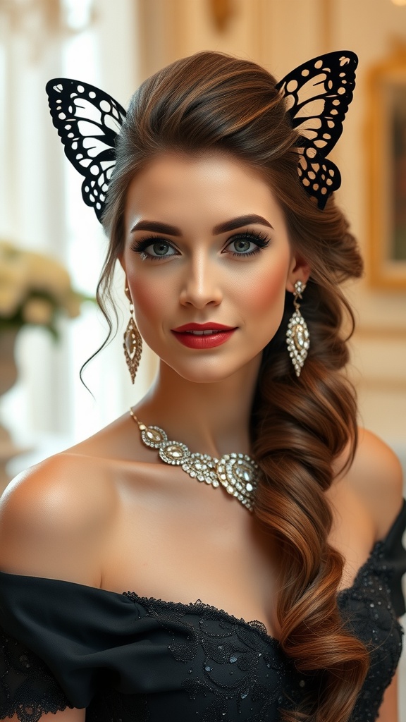 A woman with a butterfly haircut styled elegantly for a special occasion, wearing butterfly accessories and jewelry.