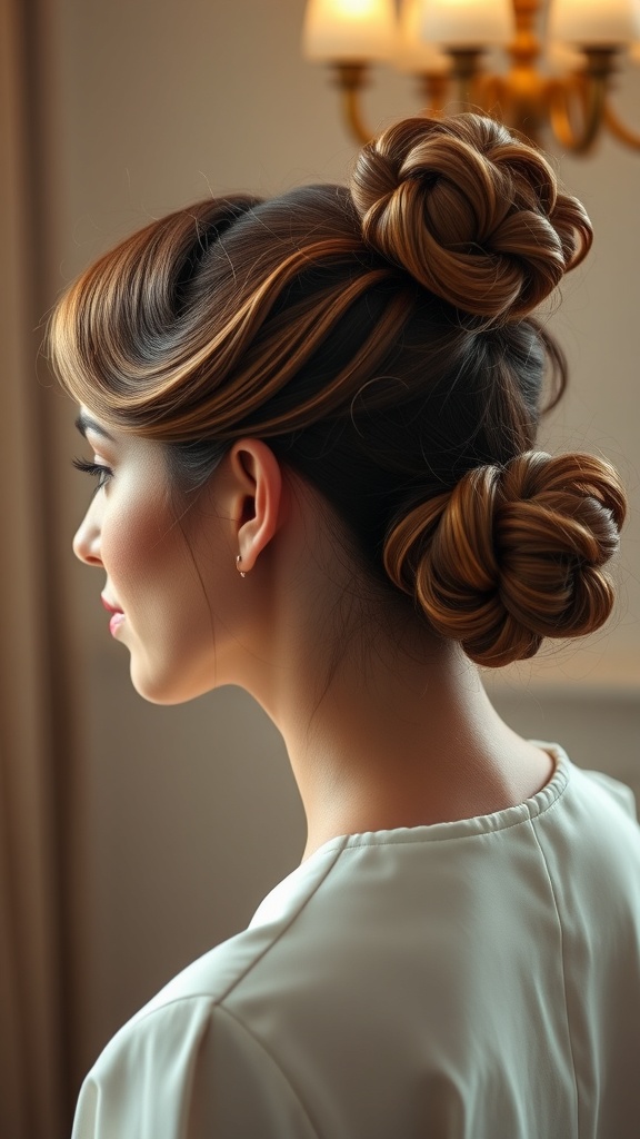 A woman with long hair styled in an elegant chignon, featuring two twisted buns, showcasing a sophisticated look.
