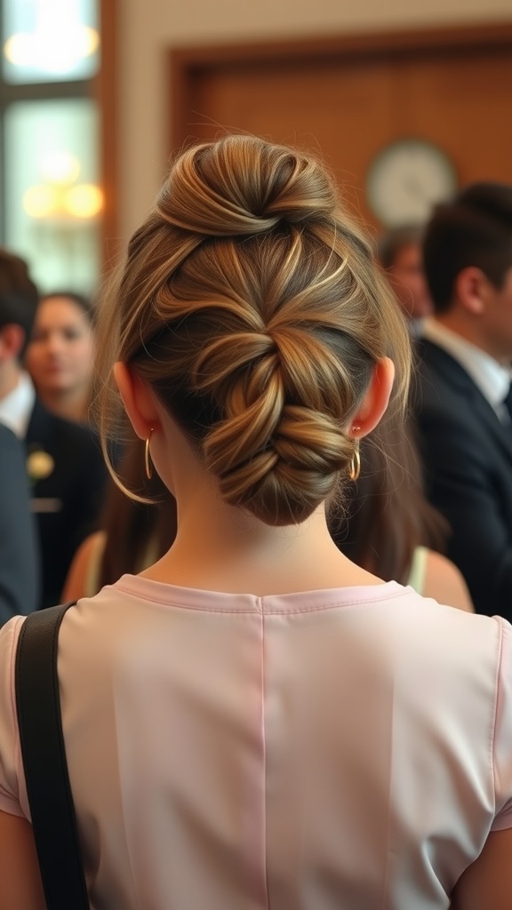 A stylish chignon hairstyle with a twist and braid, perfect for school.