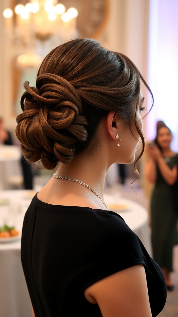A woman with a beautifully styled chignon hairstyle, showcasing intricate loops and twists, wearing elegant earrings and a black dress.