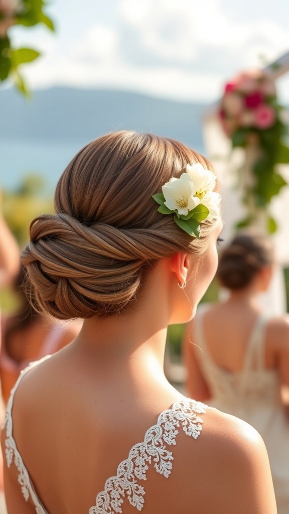 A woman with a chignon hairstyle adorned with a white flower, showcasing an elegant look for a wedding.