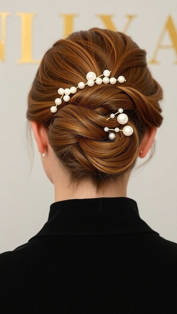 A woman with a chignon hairstyle adorned with pearls, showcasing a sophisticated look.