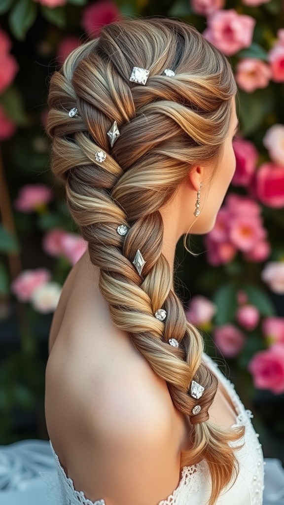 A fishtail braid hairstyle adorned with gemstone accents, set against a backdrop of pink flowers.
