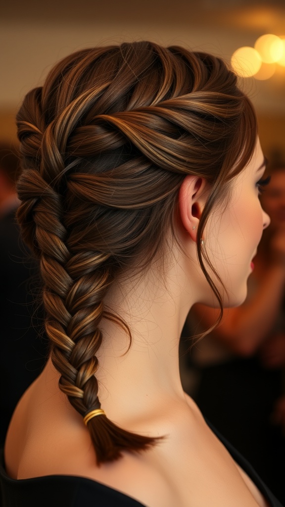 A close-up of a beautifully styled French braid on a woman, showcasing a polished and elegant look suitable for formal events.