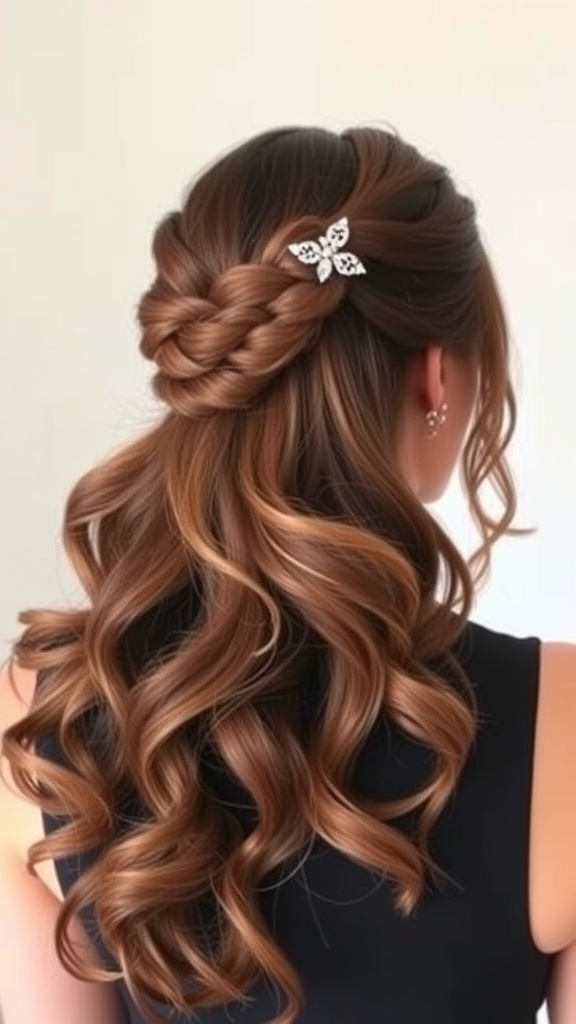 A brunette hairstyle featuring a half-up half-down style with soft curls and a decorative hair clip.