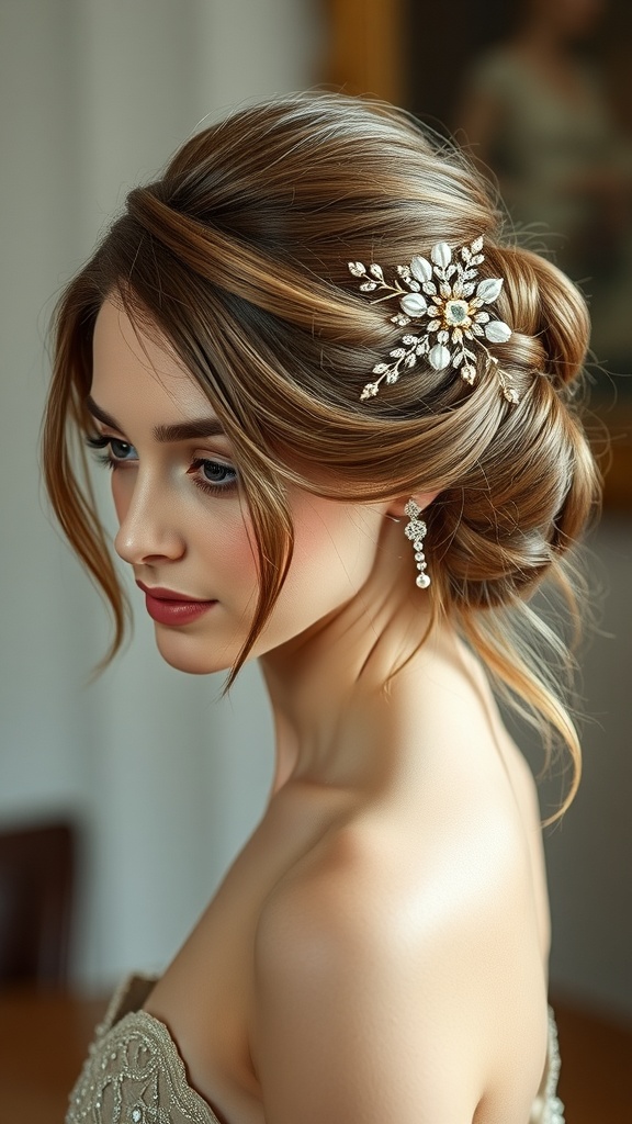 A woman with an elegant half-up, half-down hairstyle adorned with a decorative hair piece.