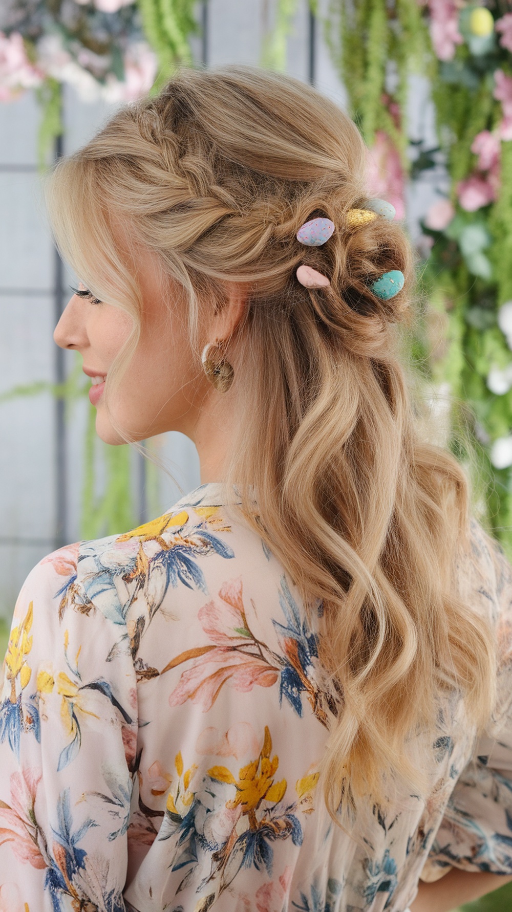 A woman with a half-up twist hairstyle decorated with colorful eggs, wearing a floral blouse.