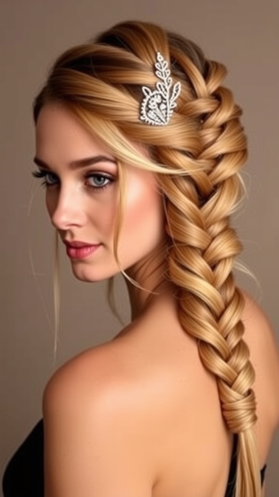A woman with a lace braid hairstyle adorned with a decorative hair clip.