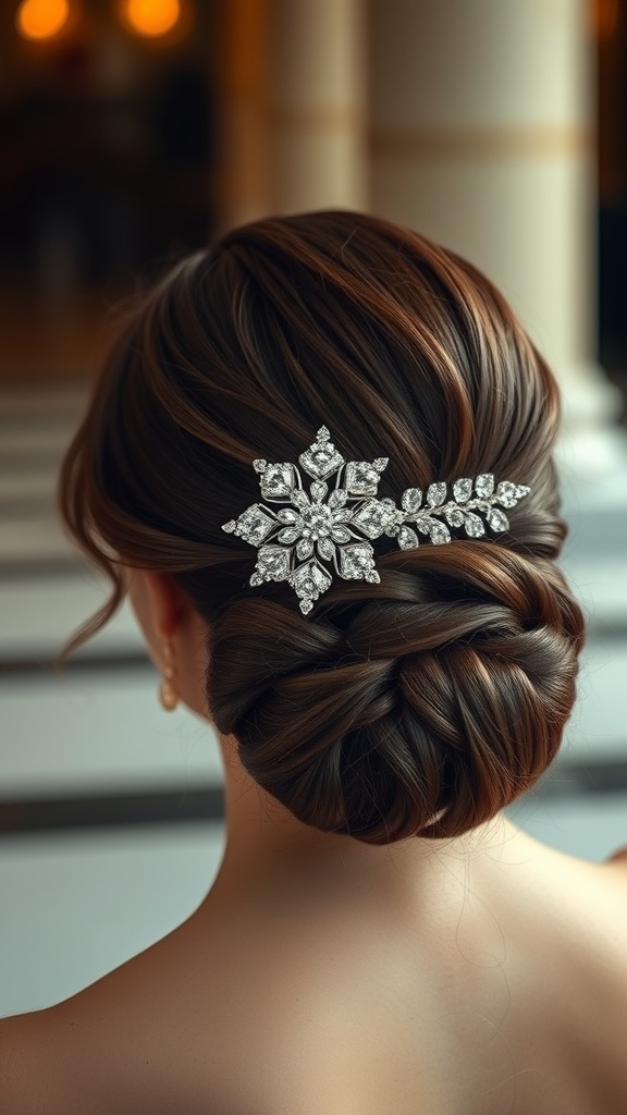 A close-up of a woman's elegant low bun hairstyle adorned with a diamond hairpin.