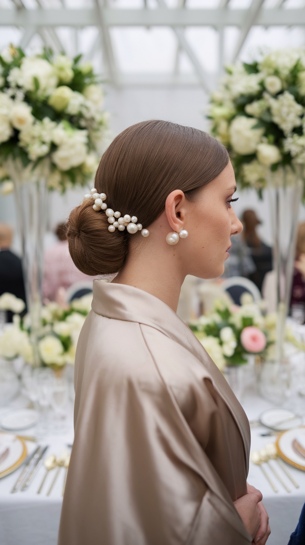 A woman with a low bun hairstyle adorned with pearls, wearing a satin outfit, surrounded by floral decorations.