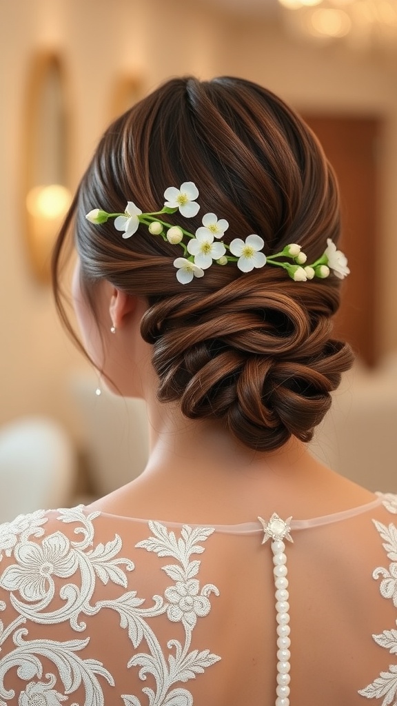A bride with a low chignon hairstyle adorned with white flowers, showcasing the back of an intricately designed wedding dress.